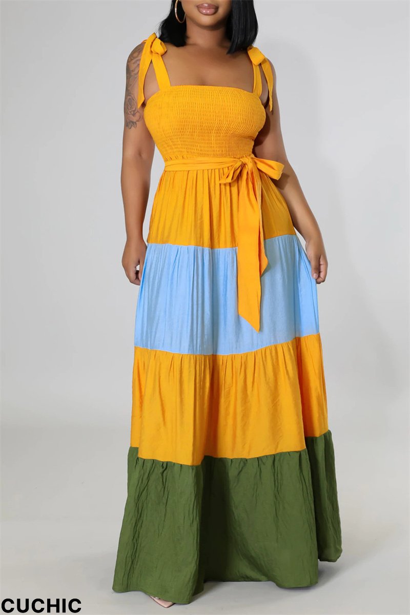 Yellow Fashion Sexy Solid Bandage Split Joint Backless Spaghetti Strap Long Dress-CuChic