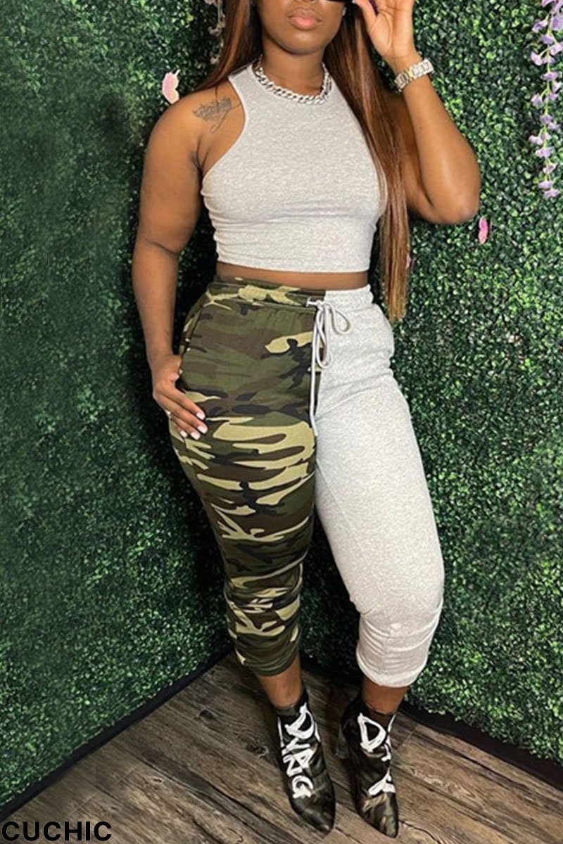 Grey Casual Print Camouflage Print Split Joint O Neck Sleeveless Two Pieces-CuChic