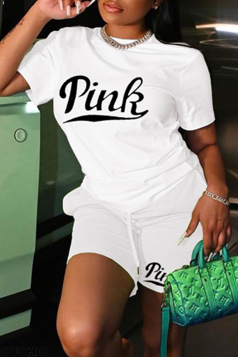 White Casual Print Patchwork O Neck Short Sleeve Two Pieces-CuChic