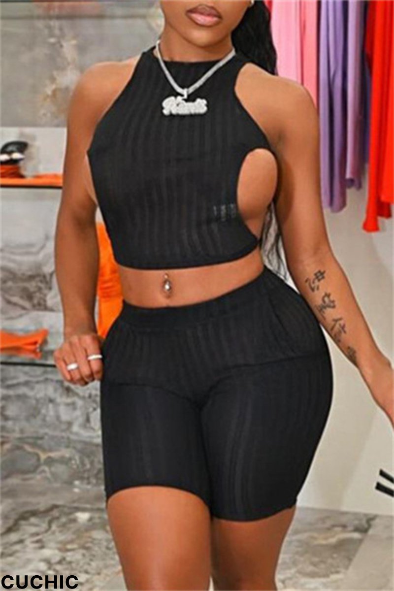Black Fashion Sexy Solid Bandage Backless O Neck Sleeveless Two Pieces-CuChic