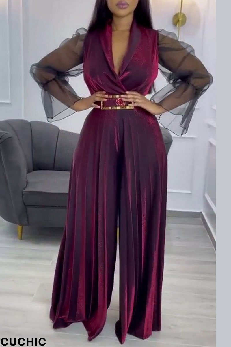 Burgundy Casual Elegant Solid Split Joint V Neck Straight Jumpsuits-CuChic