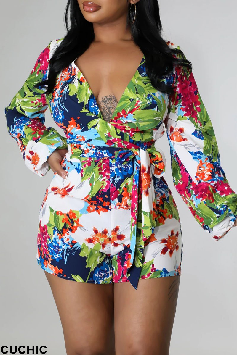 Green Simplicity Print Split Joint V Neck Straight Jumpsuits-CuChic