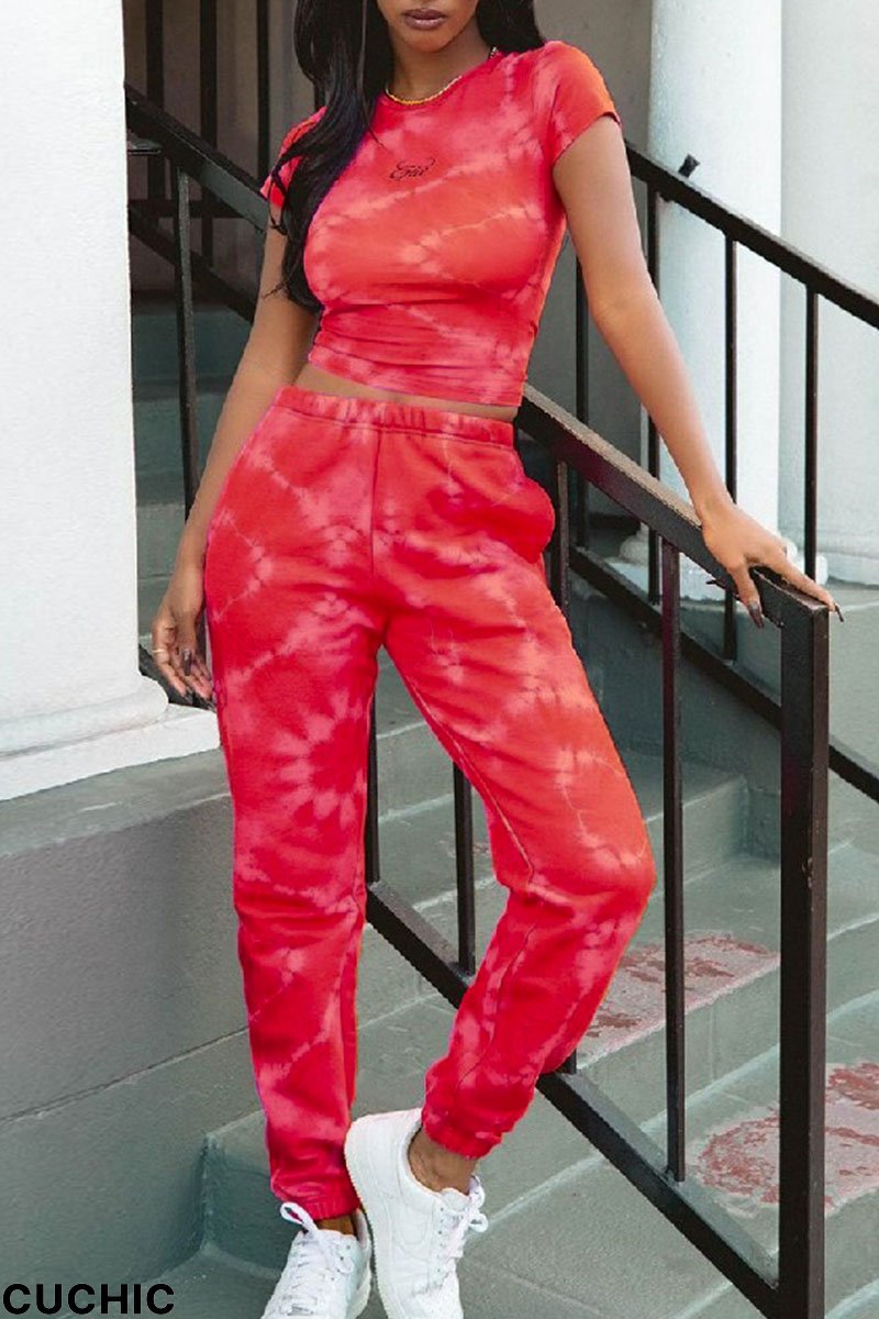 Rose Red Casual Print Tie Dye Split Joint O Neck Short Sleeve Two Pieces-CuChic