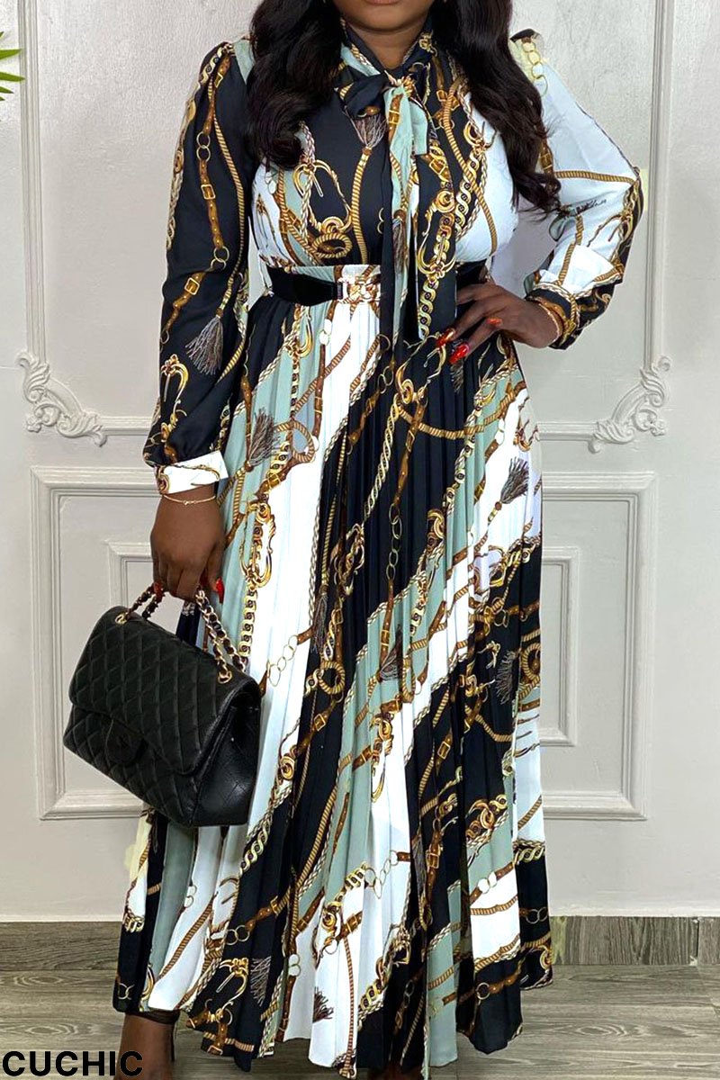 Black Casual Print Patchwork Fold O Neck Straight Dresses-CuChic