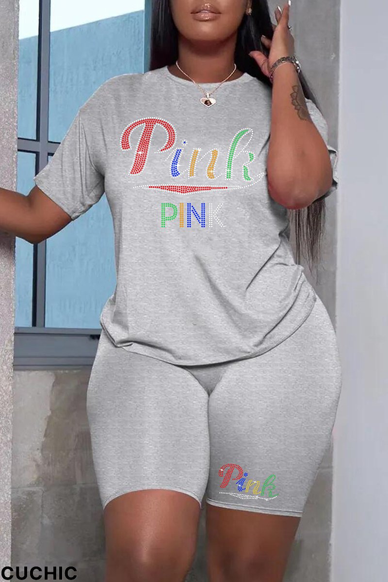 Grey Fashion Casual Letter Hot Drilling Patchwork O Neck Short Sleeve Plus Size Two Pieces-CuChic