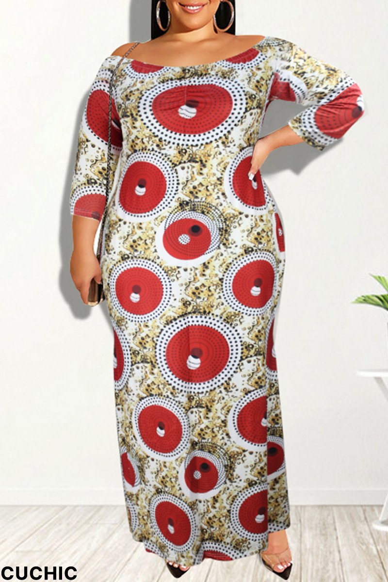 Red Fashion Casual Print Patchwork Off the Shoulder Long Sleeve Plus Size Dresses-CuChic