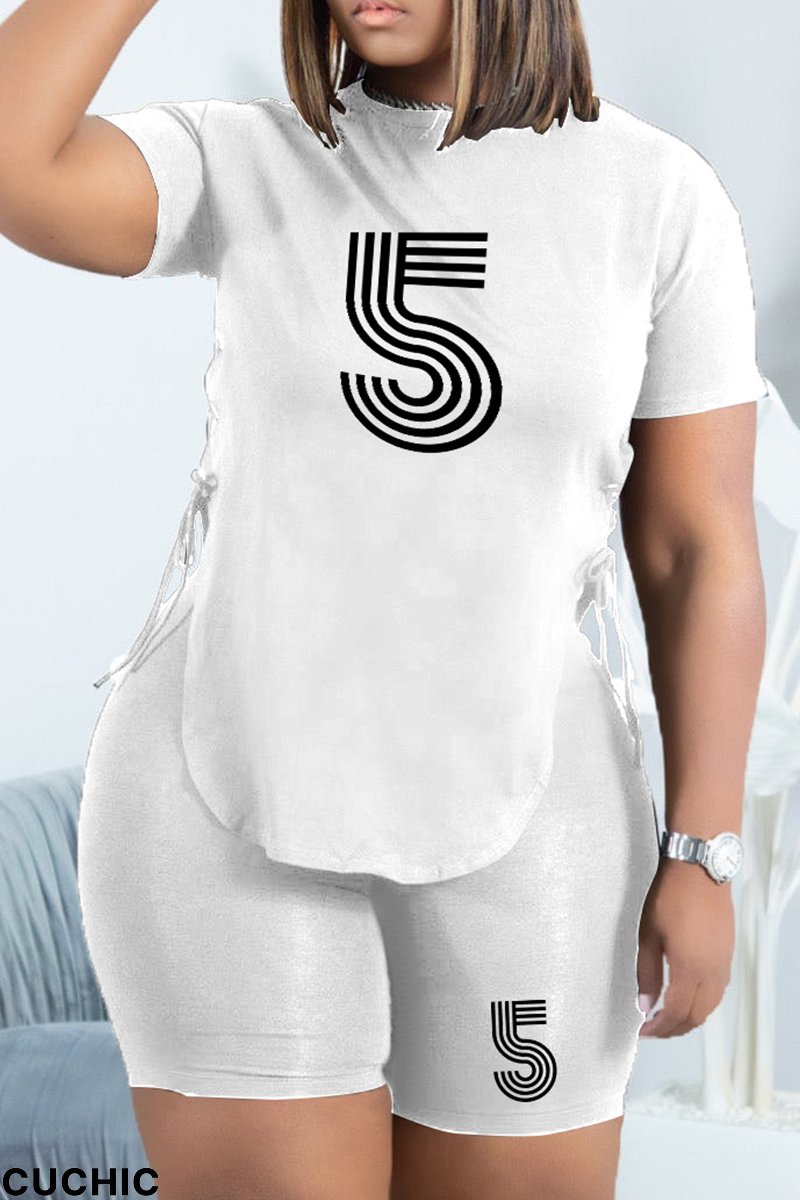 White Fashion Print Draw String O Neck Short Sleeve Two Pieces-CuChic