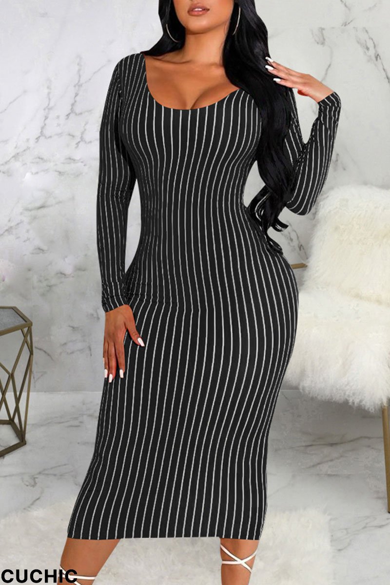 Black Sexy Striped Print Patchwork O Neck One Step Skirt Dresses-CuChic