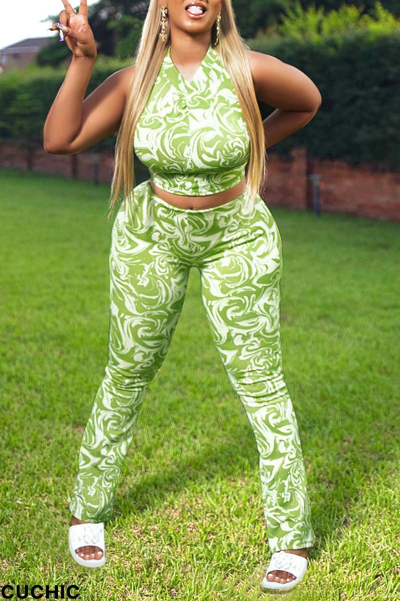 Green Sexy Print Patchwork V Neck Sleeveless Two Pieces-CuChic