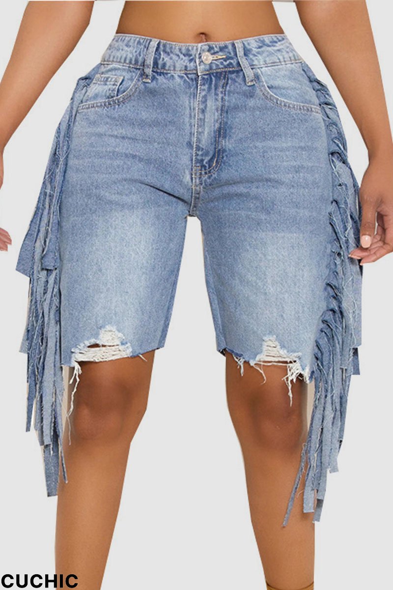 Light Blue Street Solid Tassel Ripped Patchwork High Waist Straight Denim Shorts-CuChic