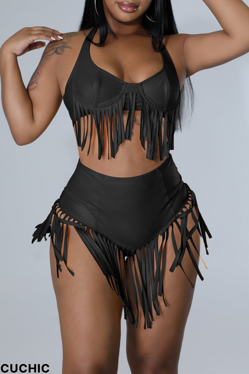Black Fashion Sexy Solid Tassel Bandage Split Joint Backless Halter Sleeveless Two Pieces-CuChic