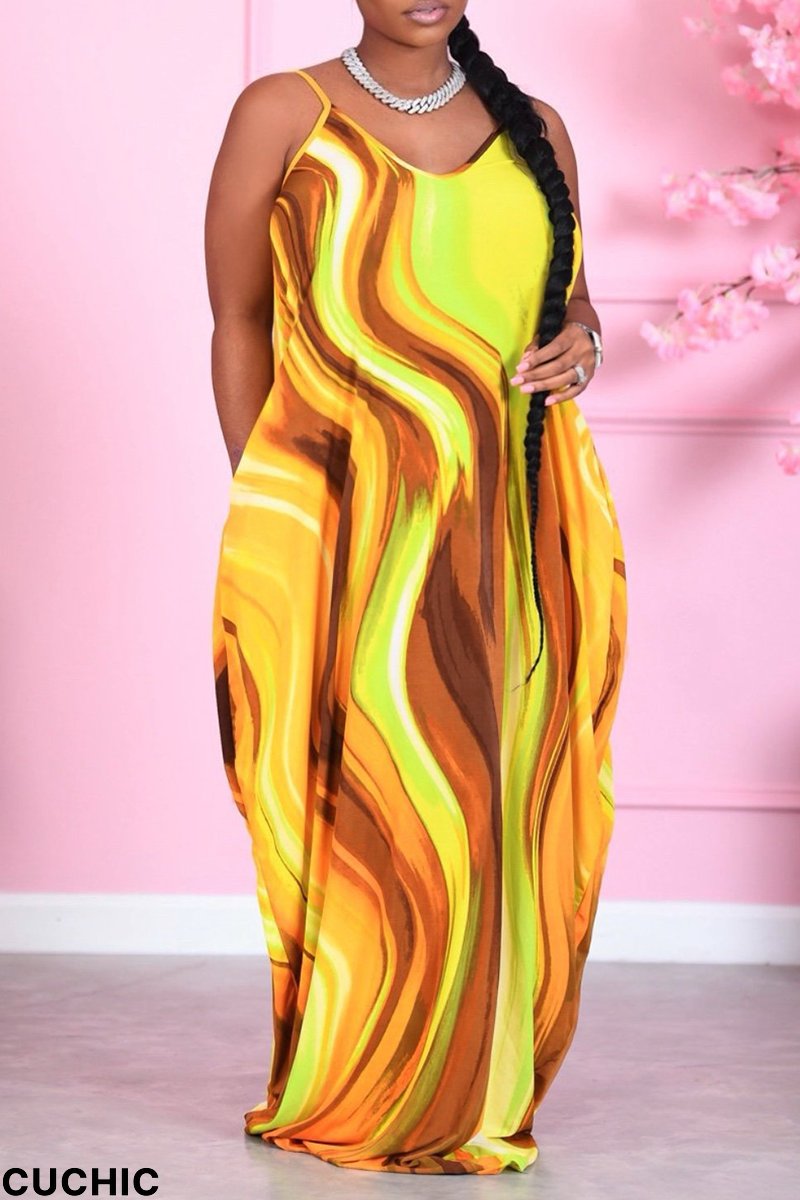Multicolor Casual Print Split Joint Spaghetti Strap Straight Dresses-CuChic