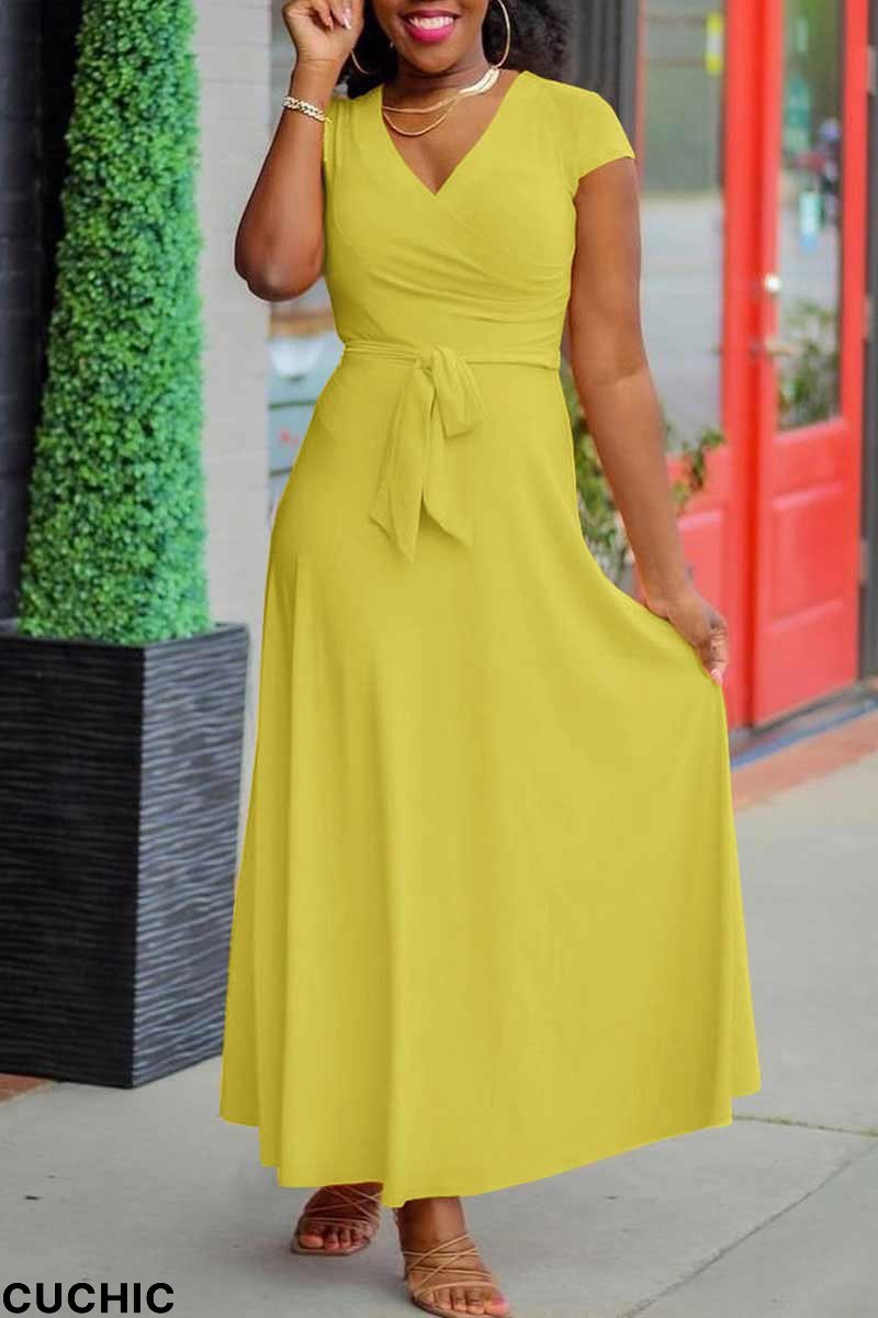 Yellow Casual Solid Patchwork V Neck Straight Dresses-CuChic