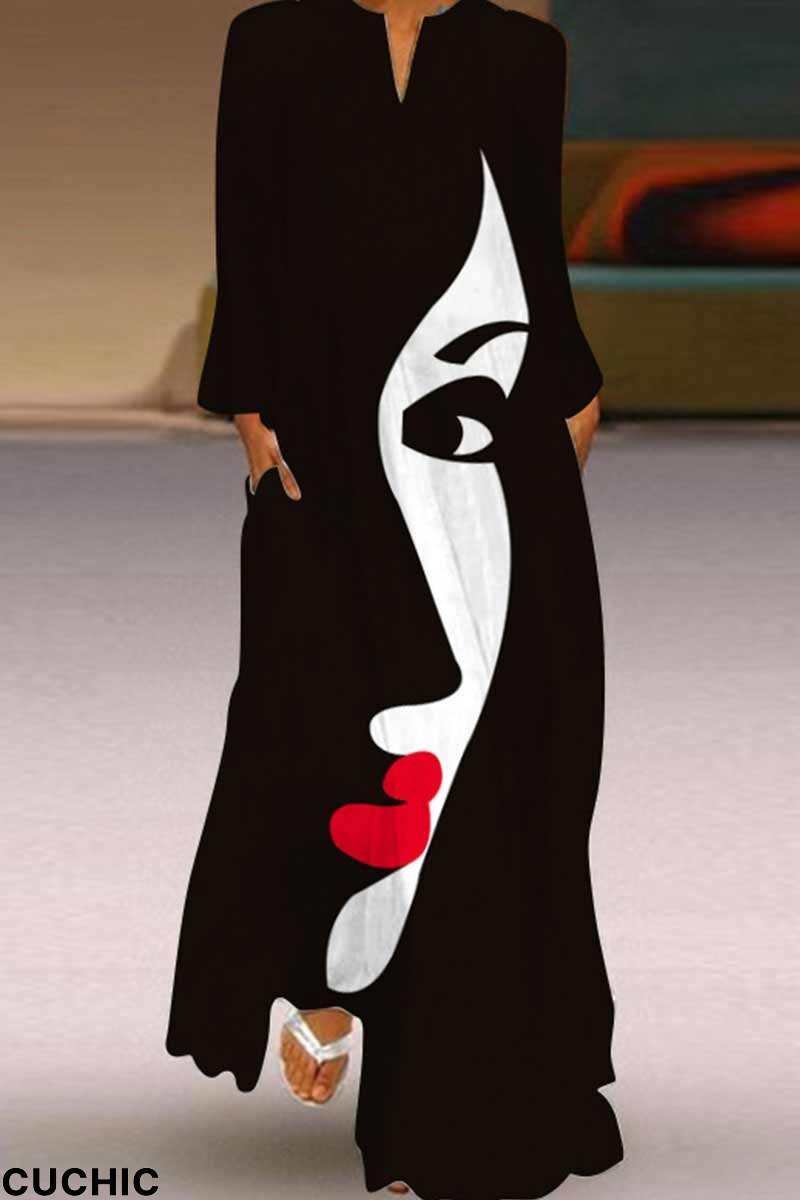 Black Casual Print Patchwork V Neck Straight Dresses-CuChic