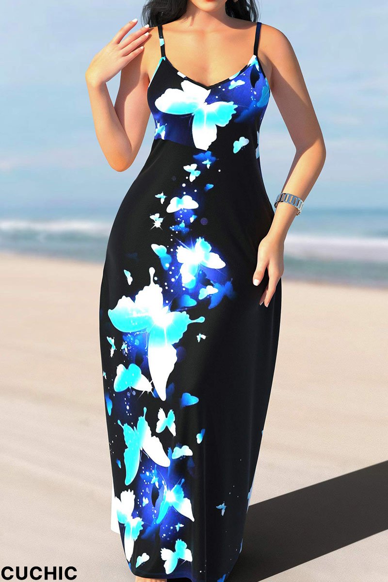 Blue Black Sexy Print Patchwork Spaghetti Strap Sling Dress Dresses-CuChic