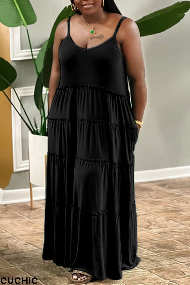 Black Casual Solid Patchwork Pearl Spaghetti Strap Sling Dress Plus Size Dresses-CuChic