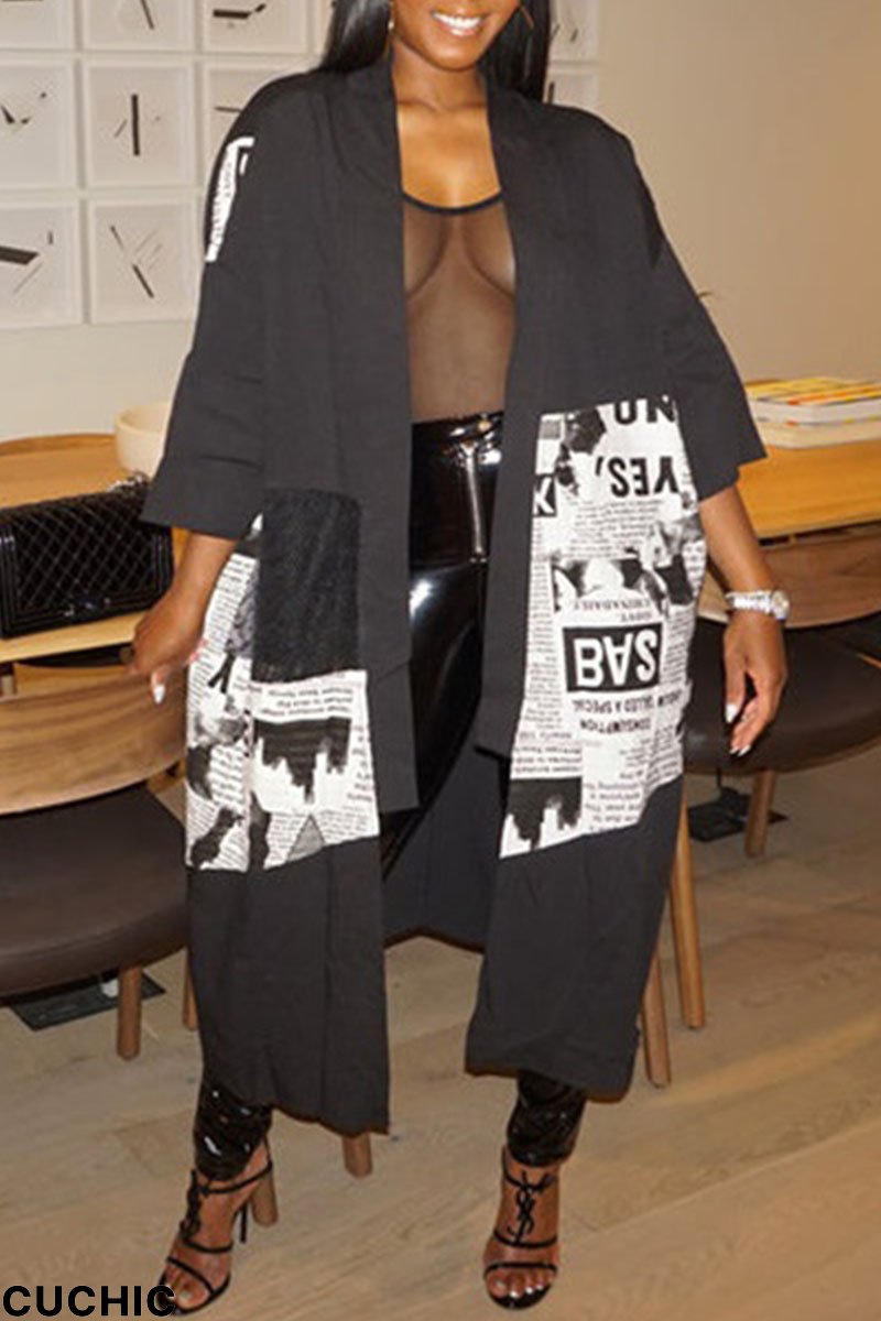 Black Casual Street Print Patchwork Plus Size Overcoat-CuChic