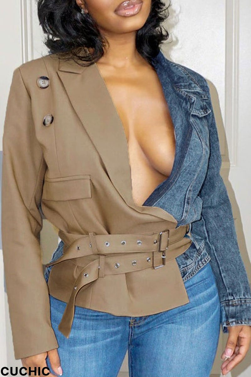 Khaki Street Solid Patchwork Turn-back Collar Outerwear-CuChic