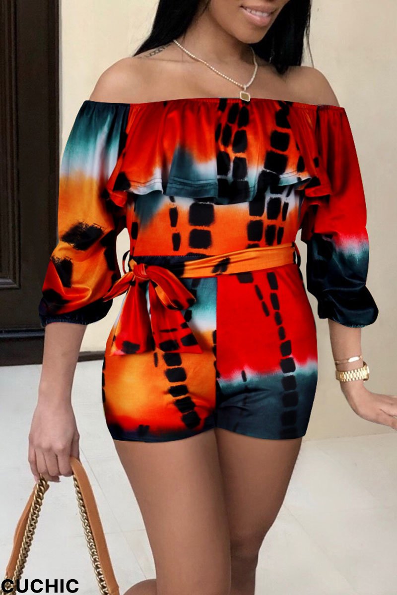 Red Orange Casual Print Split Joint Off the Shoulder Straight Jumpsuits-CuChic