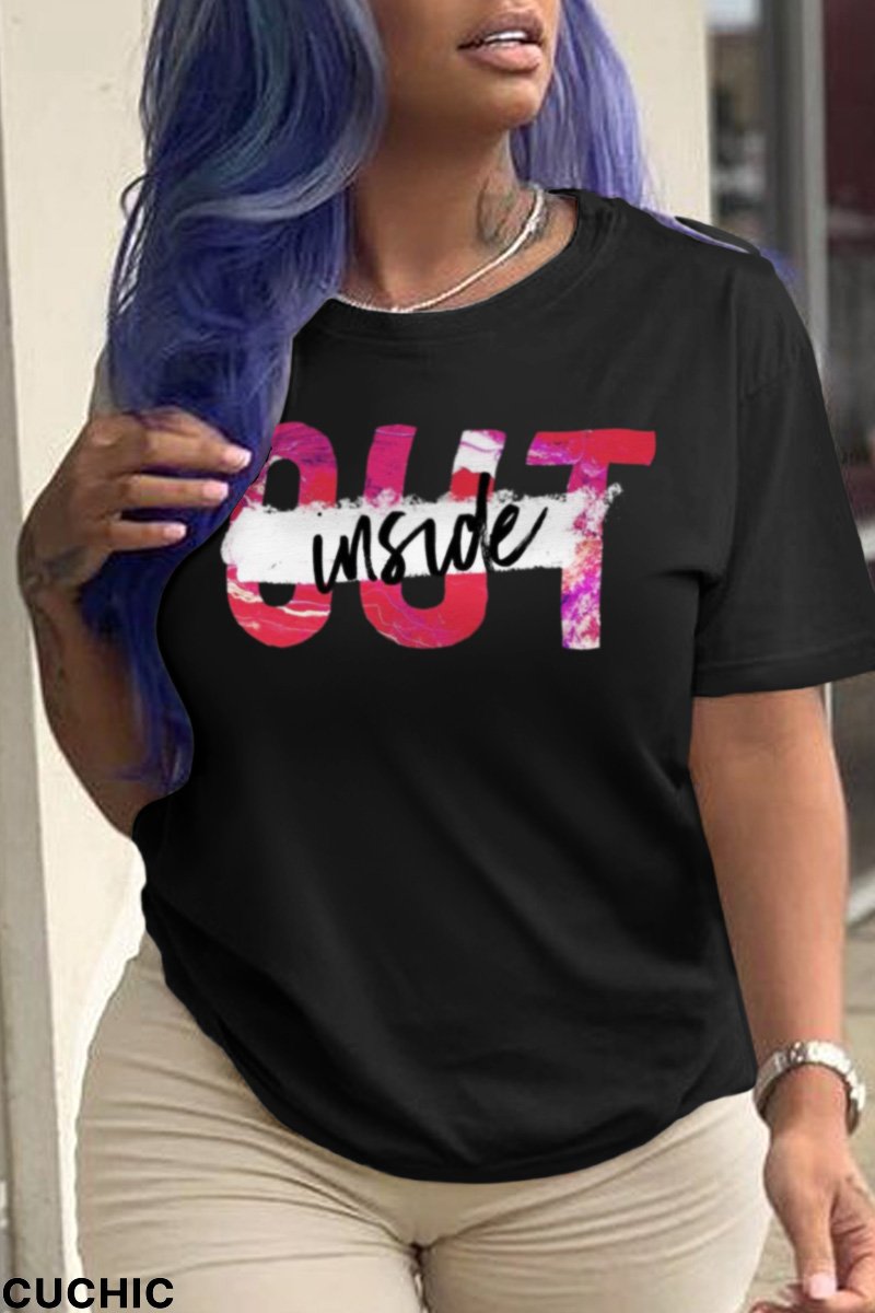 Black Casual Sportswear Print Patchwork O Neck T-Shirts-CuChic