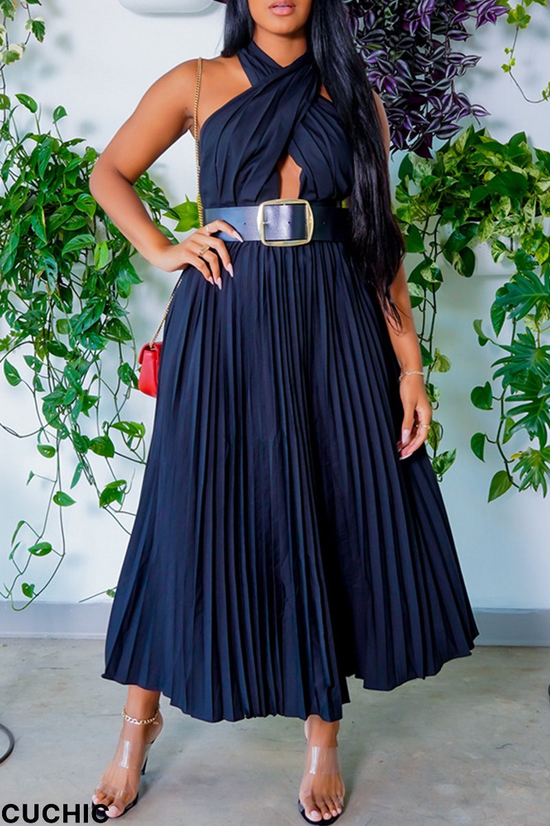 Deep Blue Fashion Sexy Solid Hollowed Out Backless Fold Sleeveless Dress (Without Belt)-CuChic