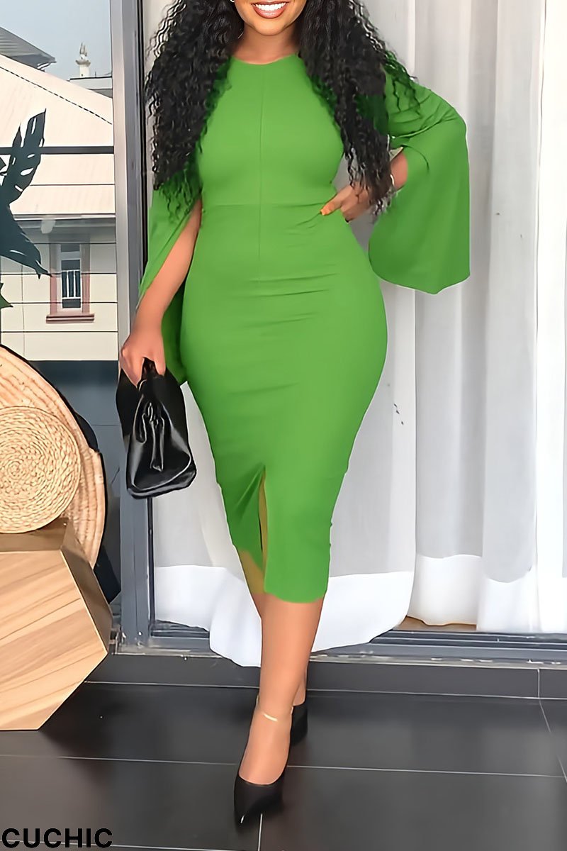 Green Casual Elegant Solid Split Joint Slit O Neck One Step Skirt Dresses-CuChic