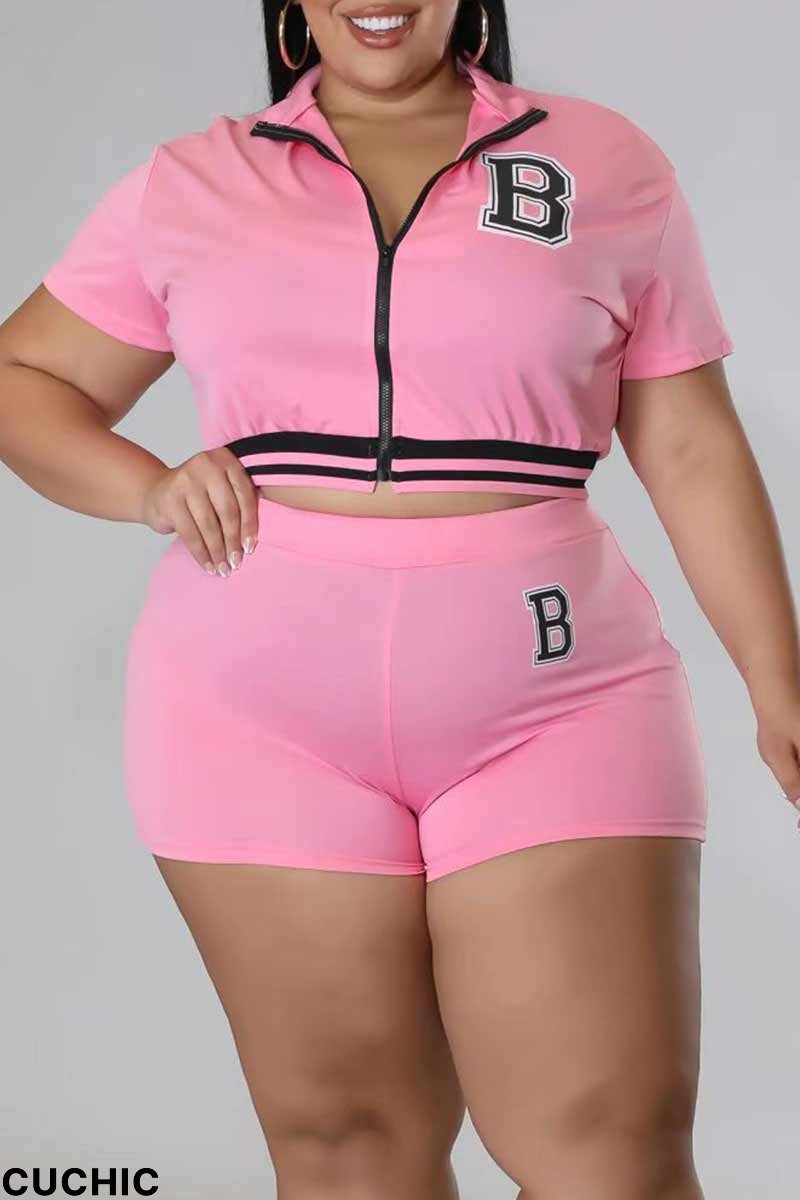 Pink Casual Print Patchwork Zipper Plus Size Two Pieces-CuChic