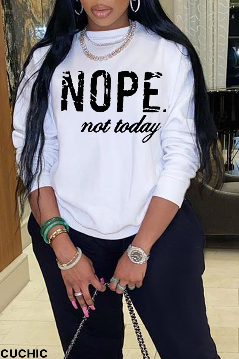 White Fashion Print Letter O Neck Tops-CuChic