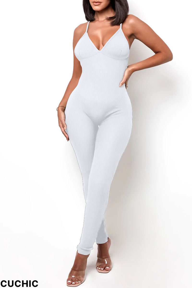 White Sportswear Solid Patchwork Backless Spaghetti Strap Skinny Jumpsuits-CuChic