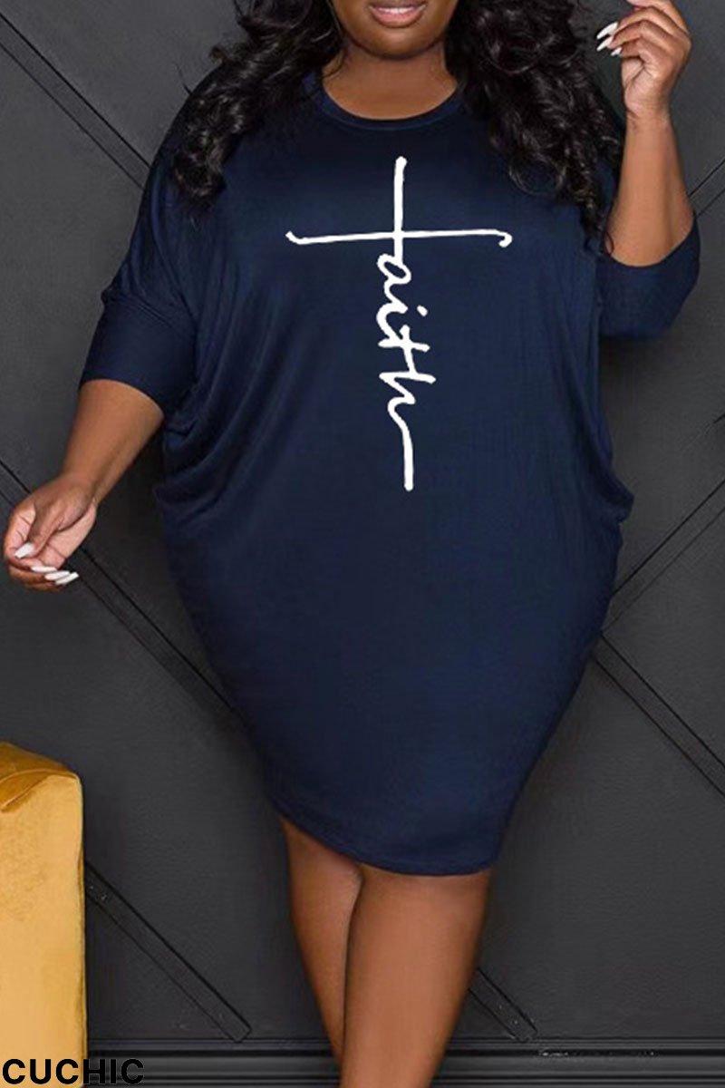 Deep Blue Casual Print Patchwork O Neck One Step Skirt Plus Size Dresses-CuChic