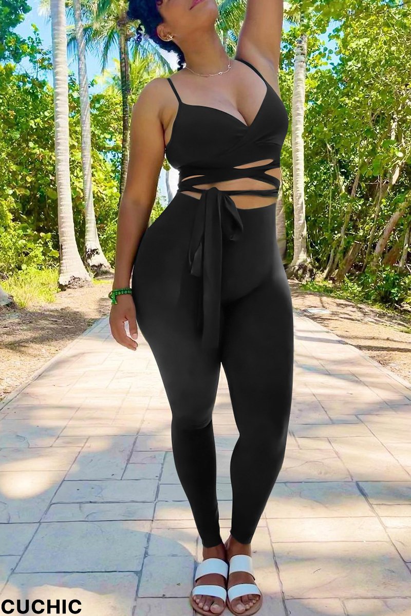 Black Fashion Sexy Solid Bandage Backless V Neck Sleeveless Two Pieces-CuChic