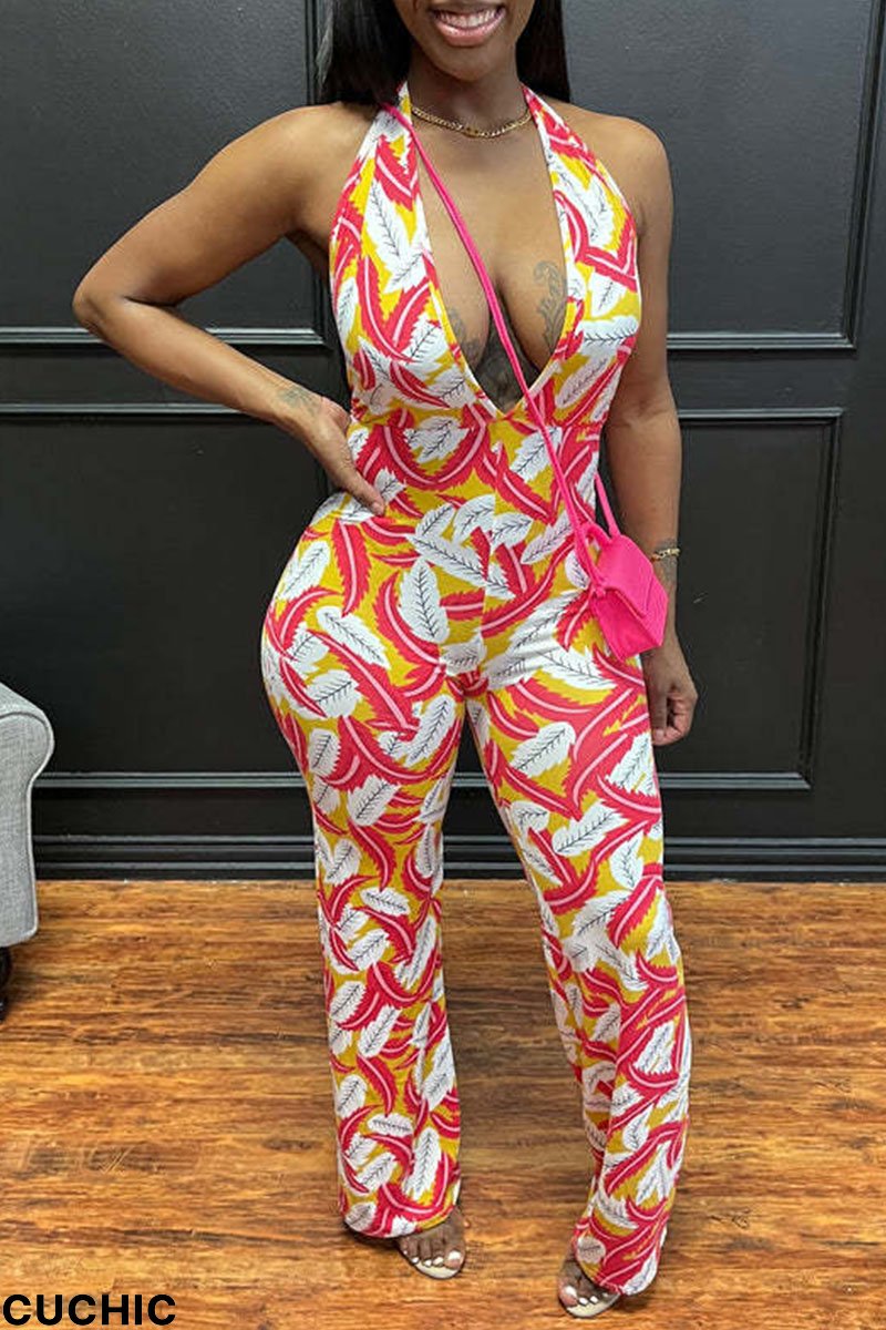 Red Sexy Print Split Joint Halter Regular Jumpsuits-CuChic
