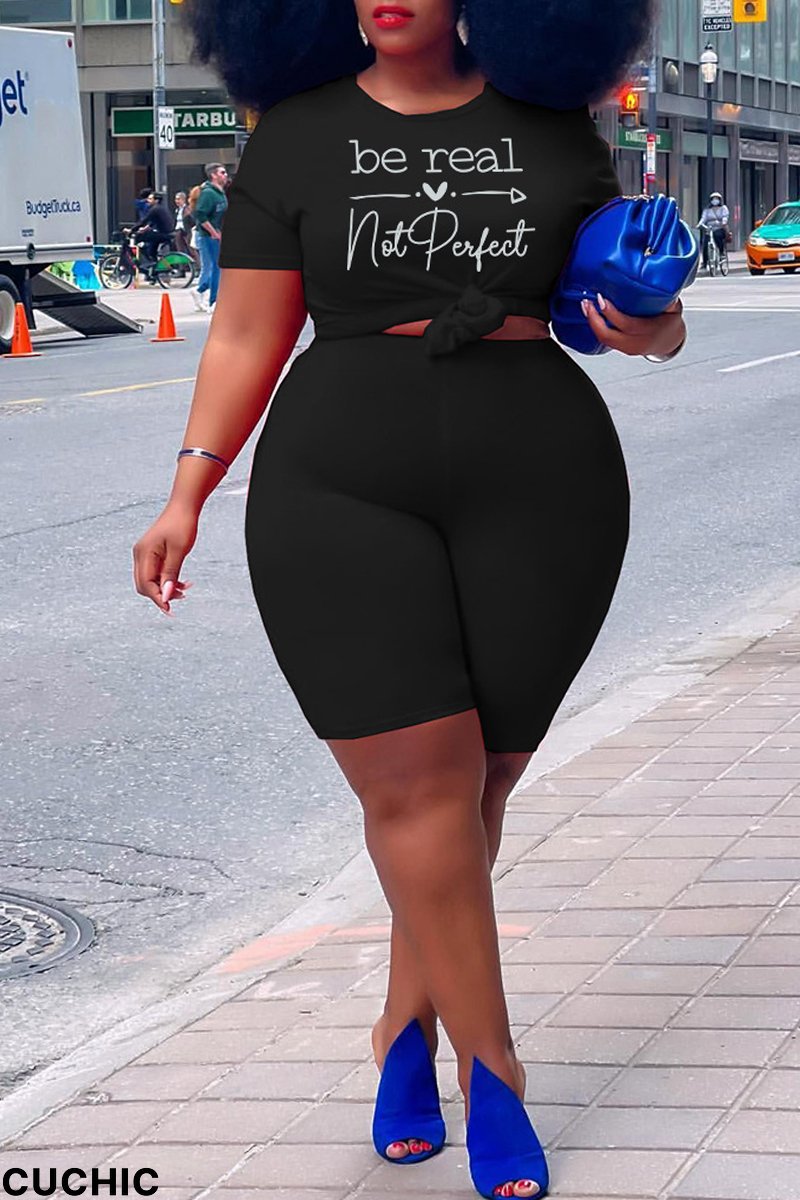 Black Fashion Casual Print Basic O Neck Plus Size Two Pieces-CuChic