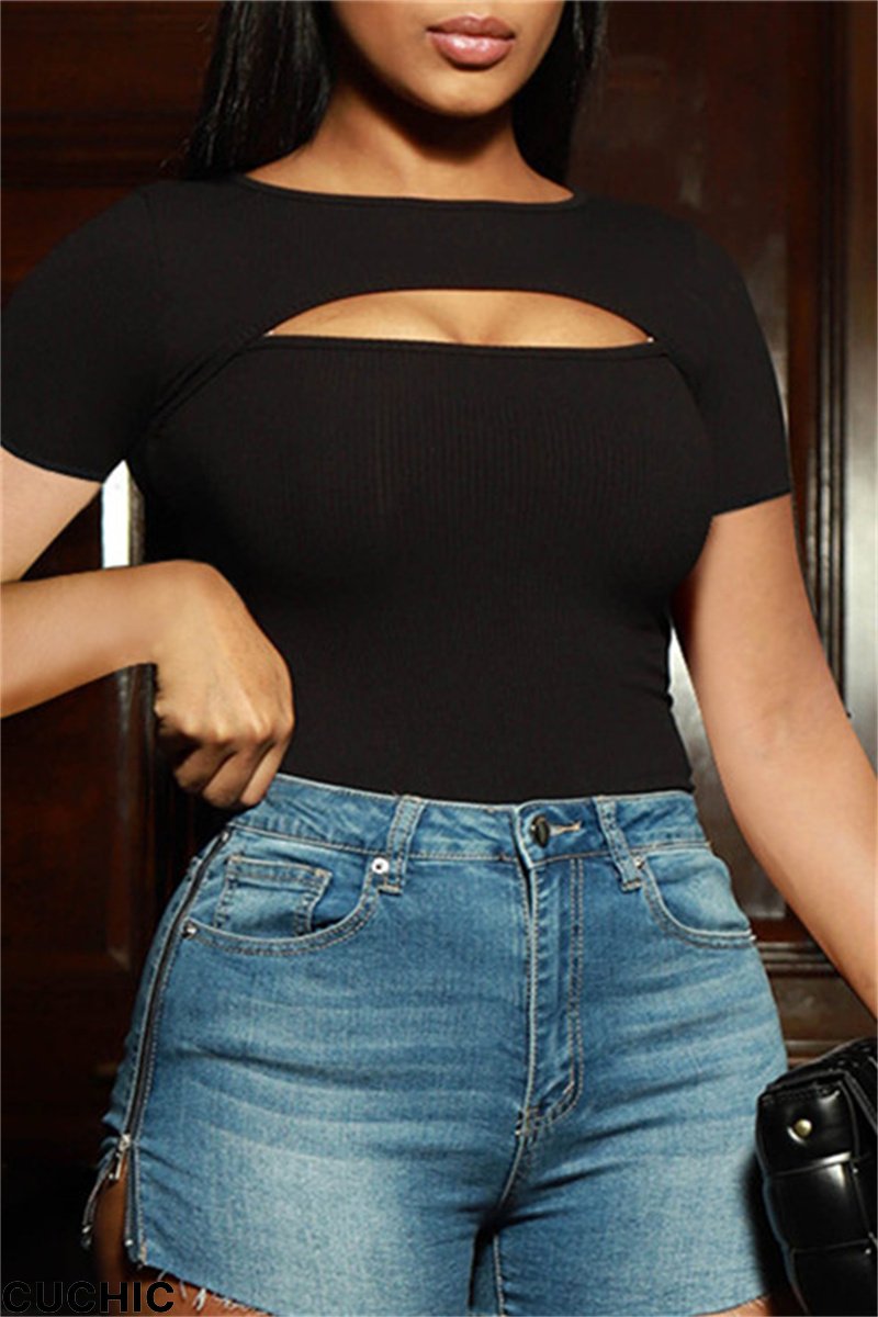 Black Sexy Casual Solid Hollowed Out O Neck Short Sleeve Skinny Romper-CuChic