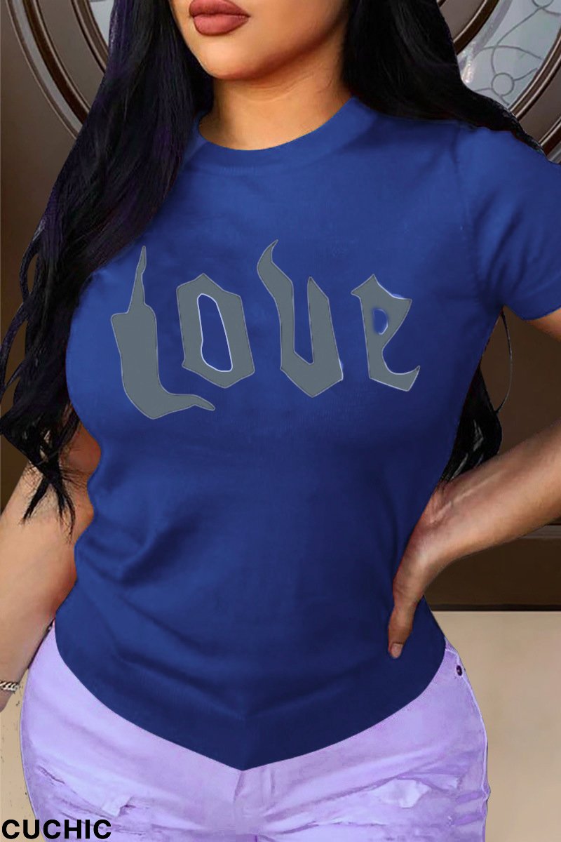 Blue Fashion Casual Letter Print Basic O Neck T-Shirts-CuChic