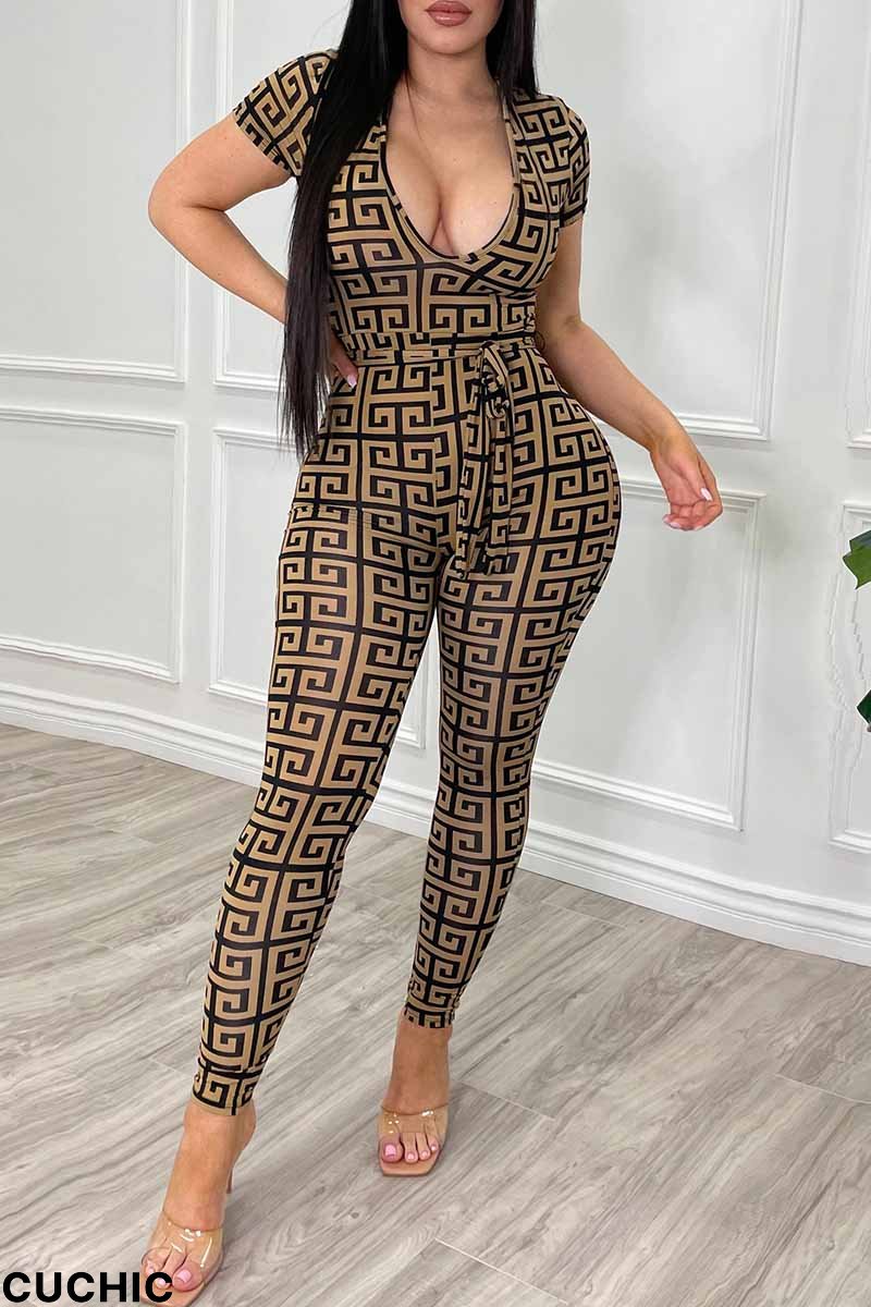 Brown Fashion Casual Print Patchwork V Neck Jumpsuits-CuChic