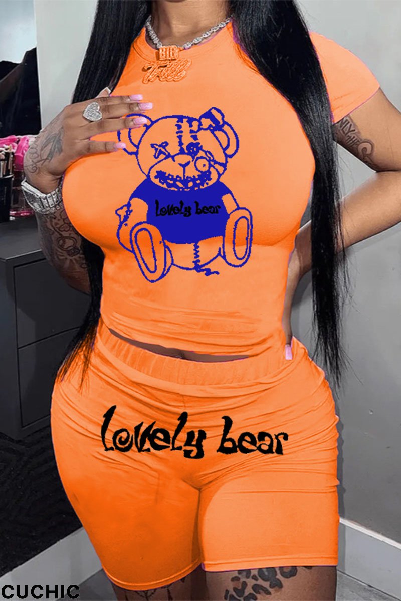 Orange Casual Sportswear Cartoon Print Letter O Neck Short Sleeve Two Pieces(Without Necklace)-CuChic