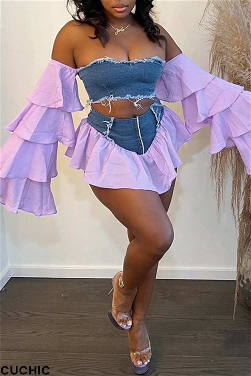Purple Fashion Sexy Patchwork Backless Off the Shoulder Long Sleeve Two Pieces-CuChic