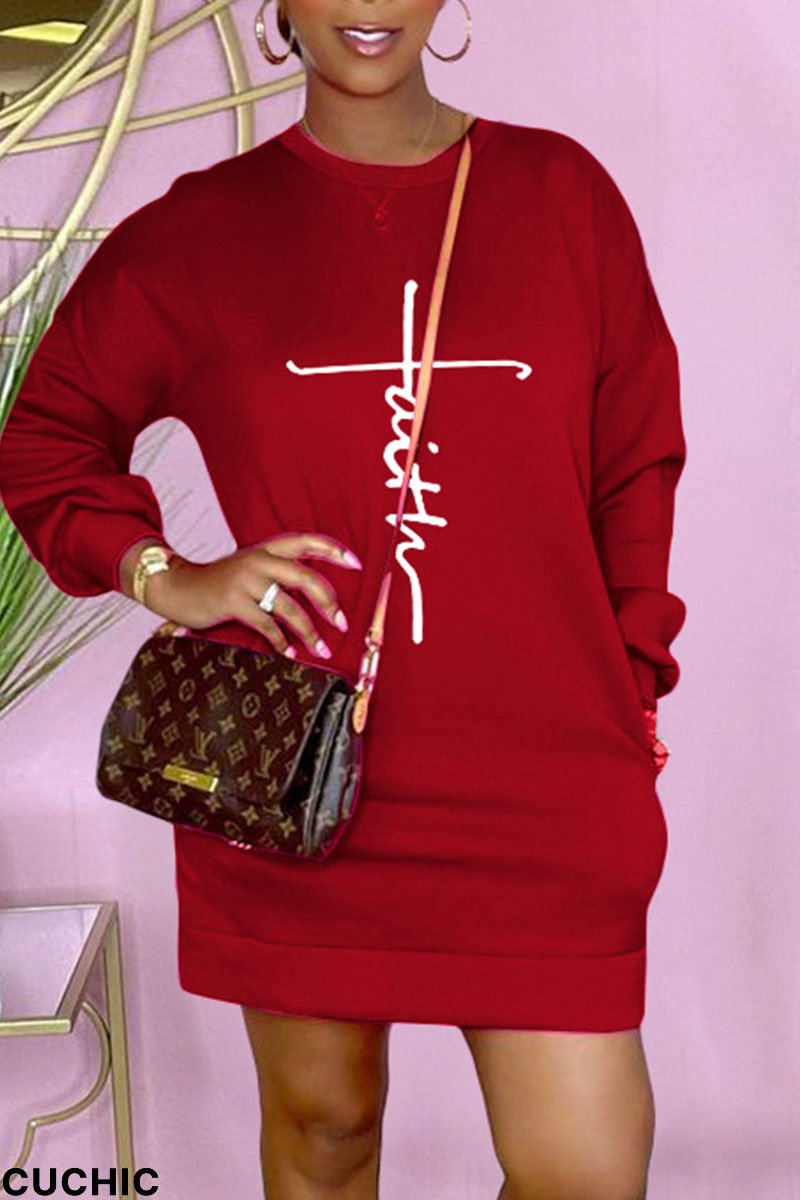 Red Casual Print Patchwork O Neck Straight Dresses-CuChic