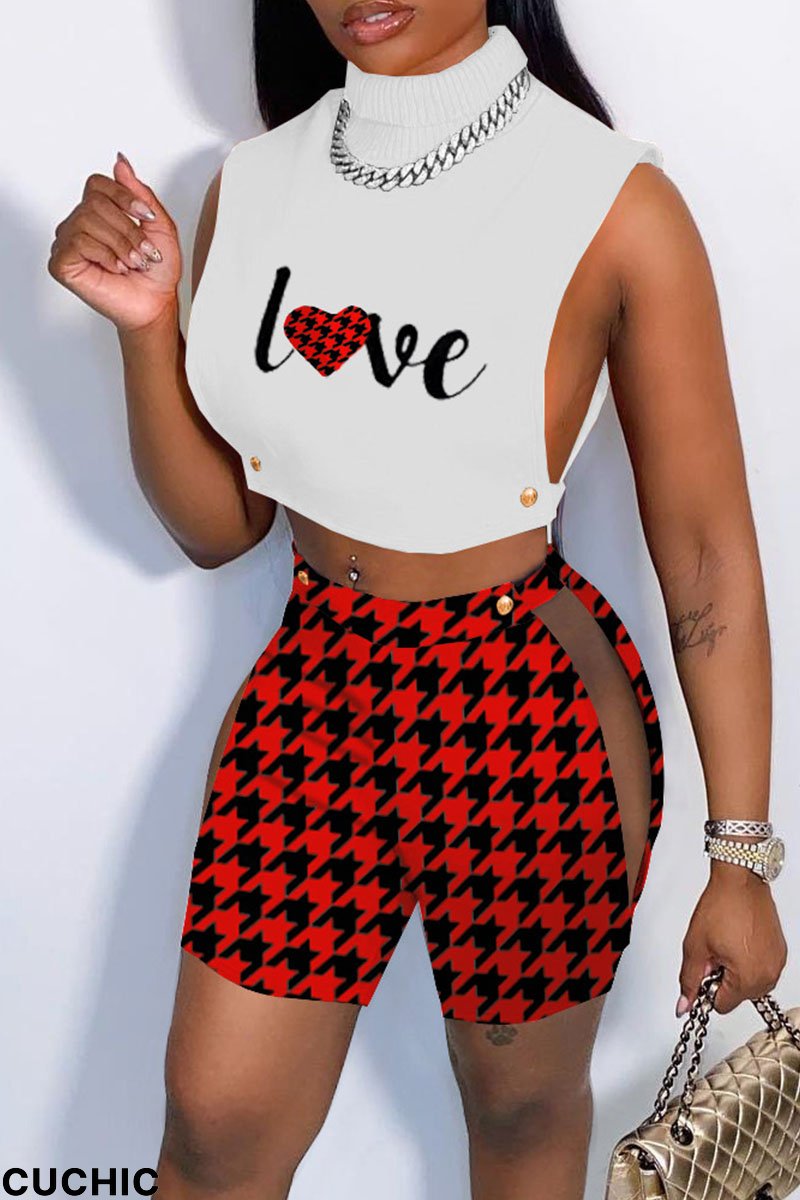 Red Street Print Hollowed Out Patchwork Half A Turtleneck Sleeveless Two Pieces-CuChic