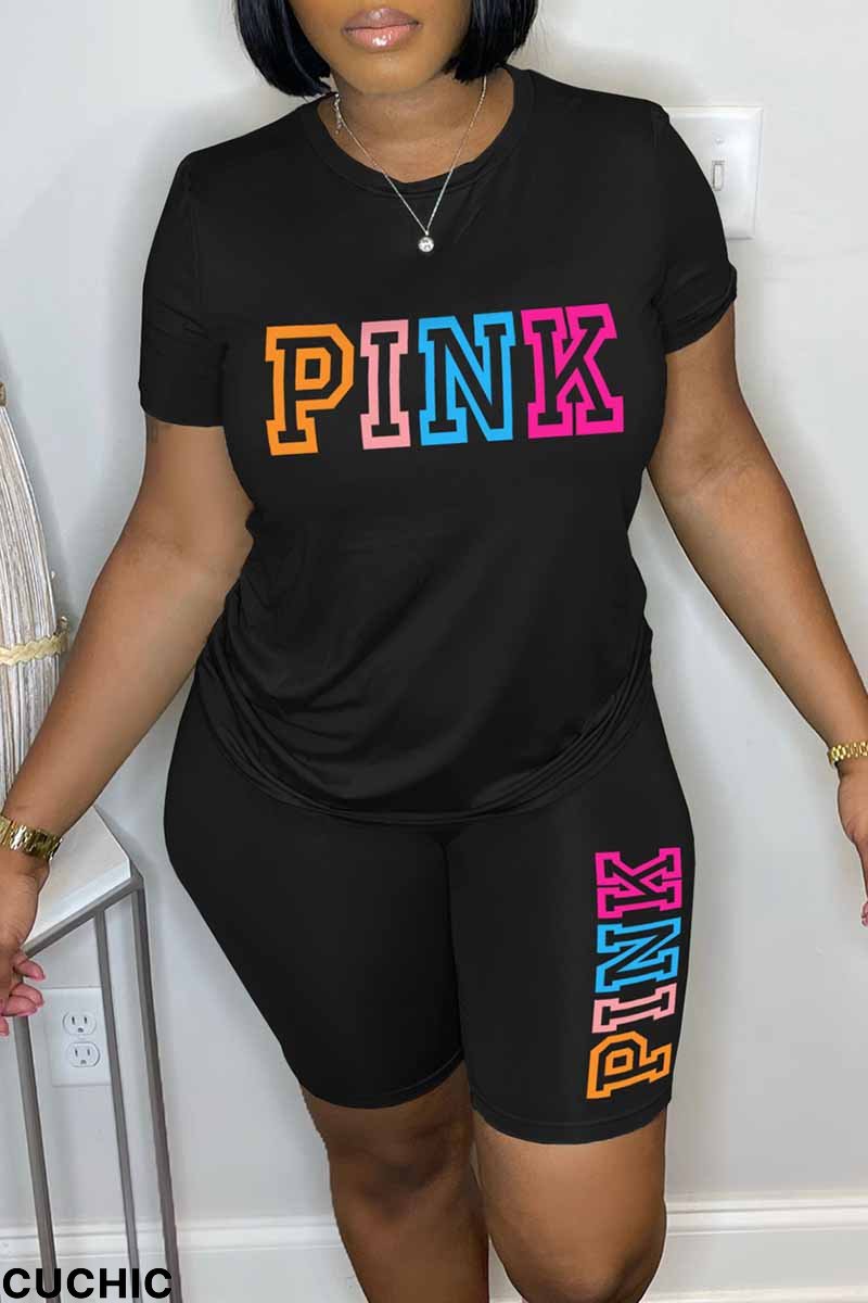 Black Casual Print Letter O Neck Short Sleeve Two Pieces-CuChic