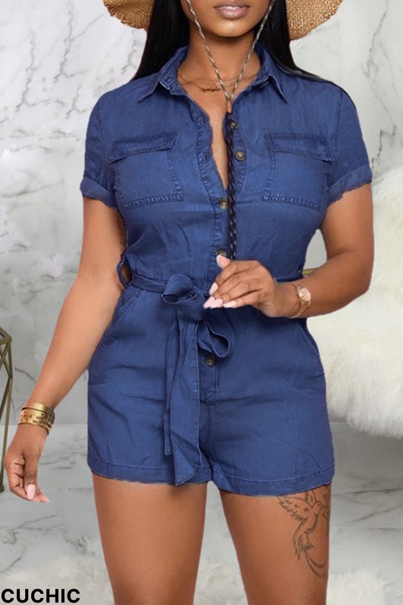 Dark Blue Casual Solid Patchwork Turndown Collar Straight Jumpsuits-CuChic