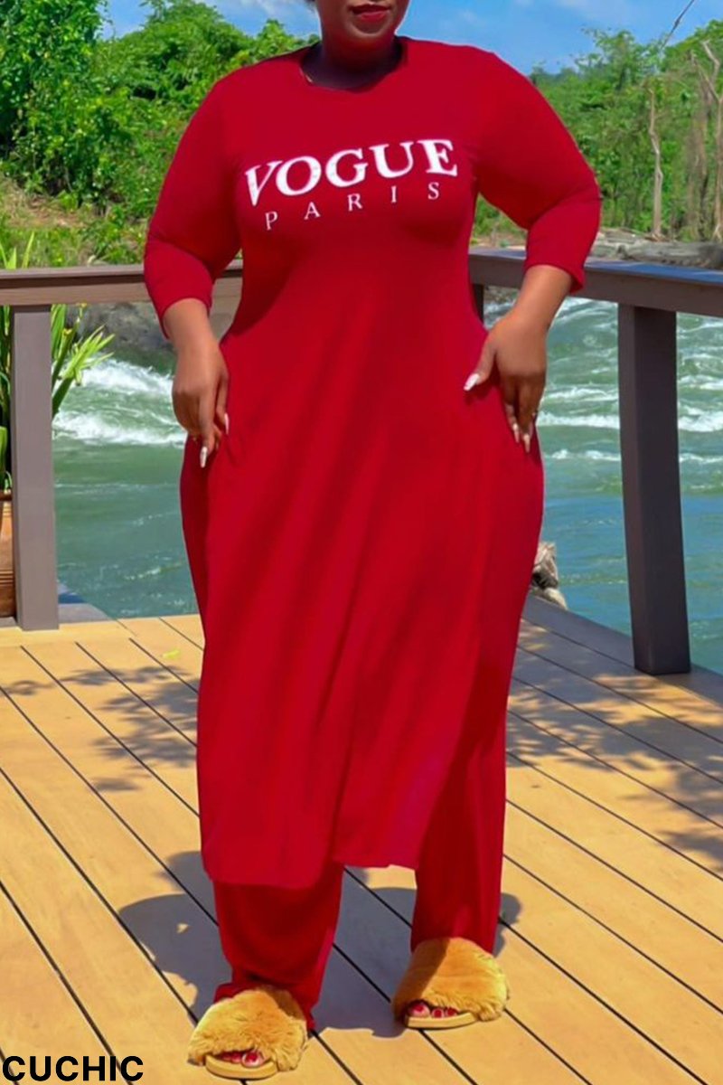 Red Plus Size Casual Vacation Letter High Opening O Neck Plus Size Two Pieces-CuChic