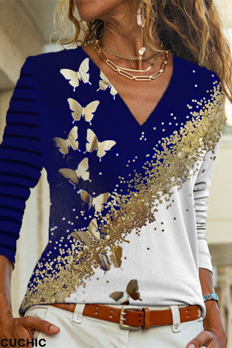 Blue Fashion Casual Butterfly Print Basic V Neck Tops-CuChic