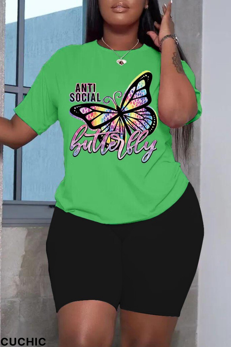 Green Casual Letter Print Basic O Neck Plus Size Two Pieces-CuChic