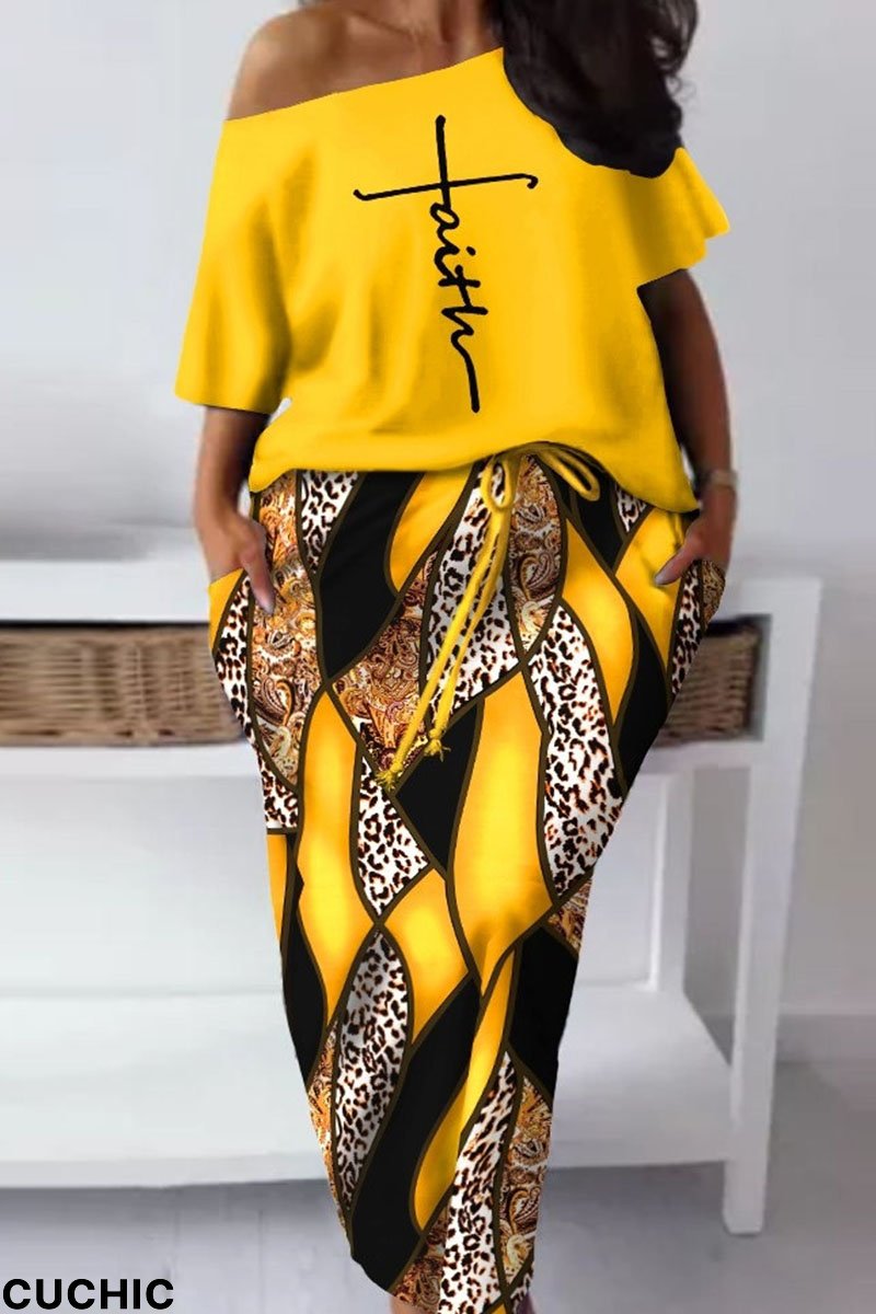 Yellow Casual Street Print Patchwork Oblique Collar Short Sleeve Two Pieces-CuChic