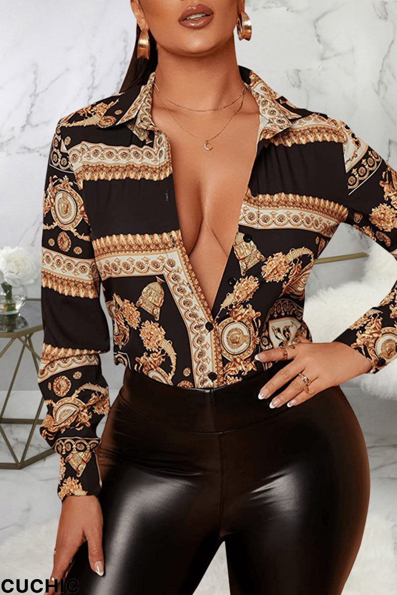 Black Brown Casual Print Split Joint Buckle Turndown Collar Tops-CuChic