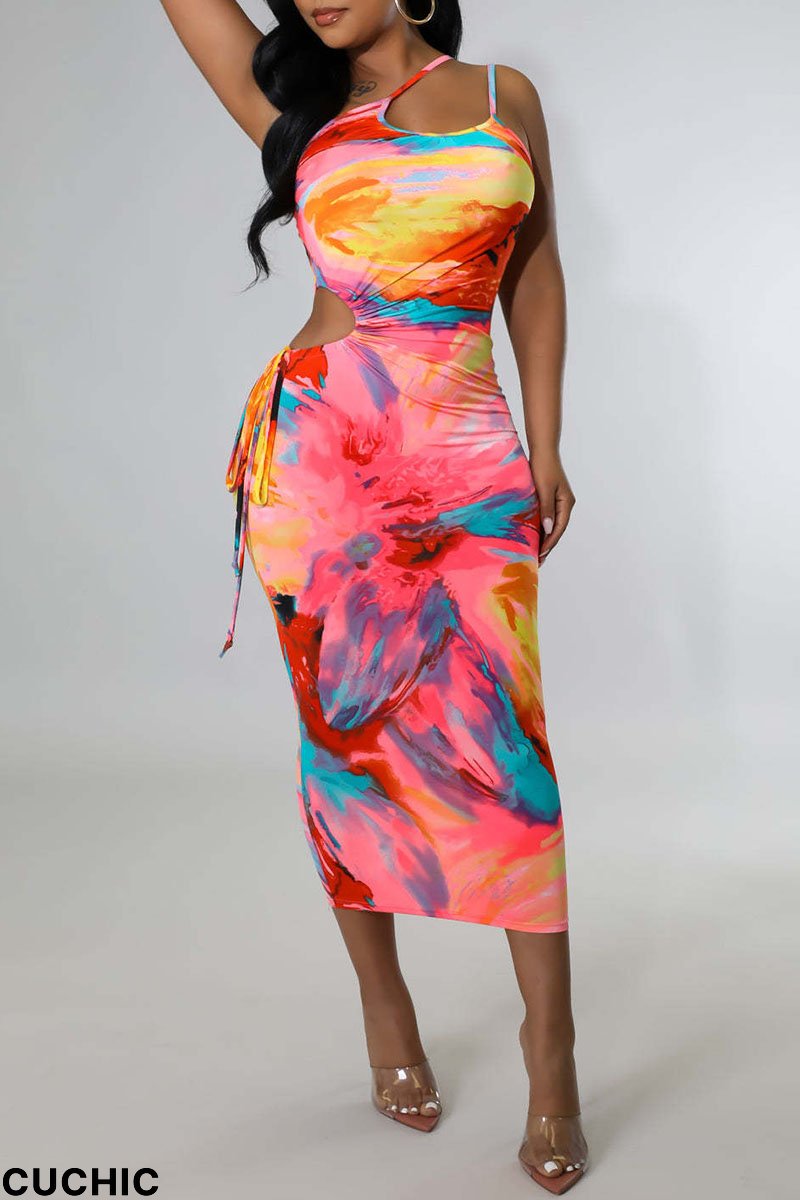 Pink Sexy Print Hollowed Out Split Joint Frenulum Spaghetti Strap One Step Skirt Dresses-CuChic