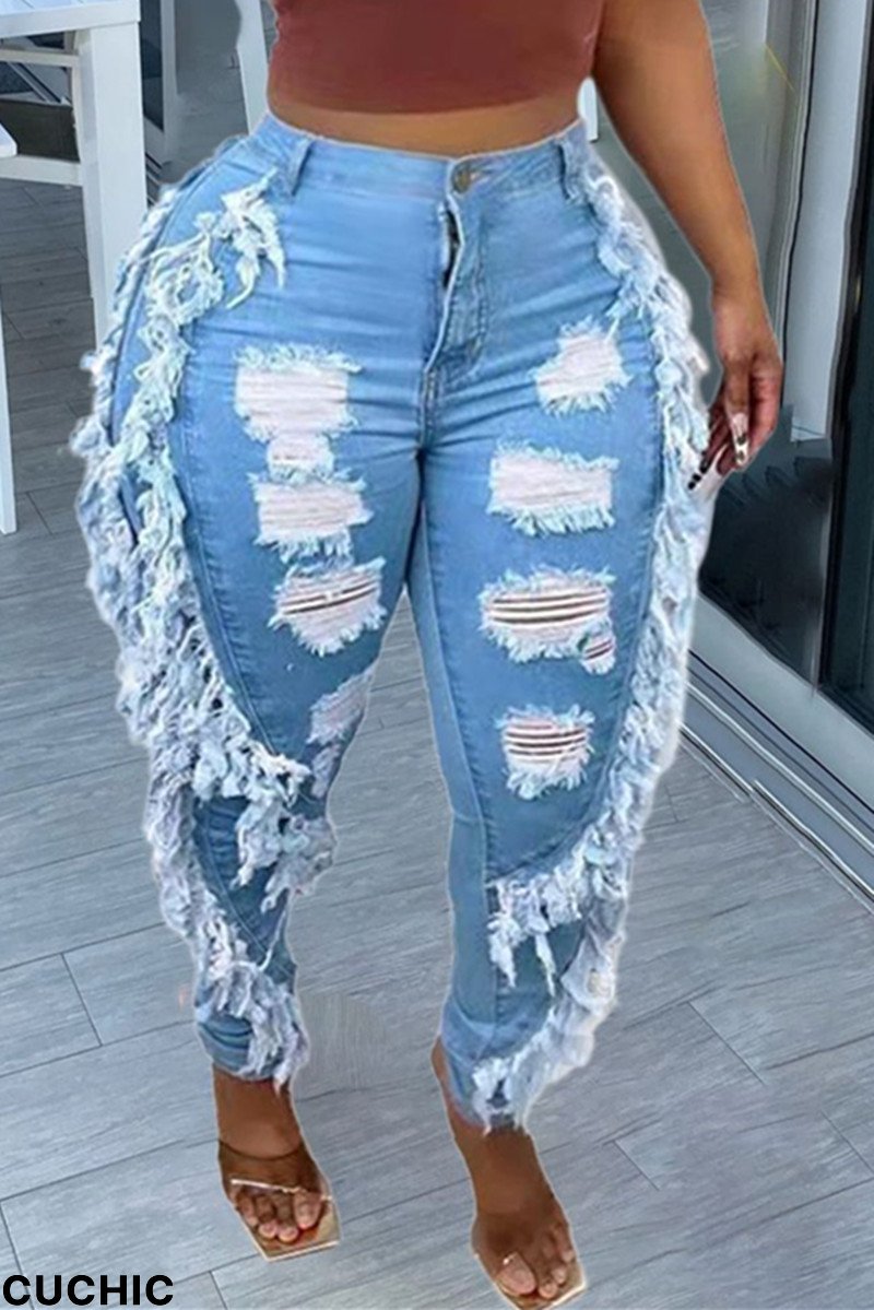 Baby Blue Fashion Casual Solid Ripped Patchwork High Waist Skinny Denim Jeans-CuChic