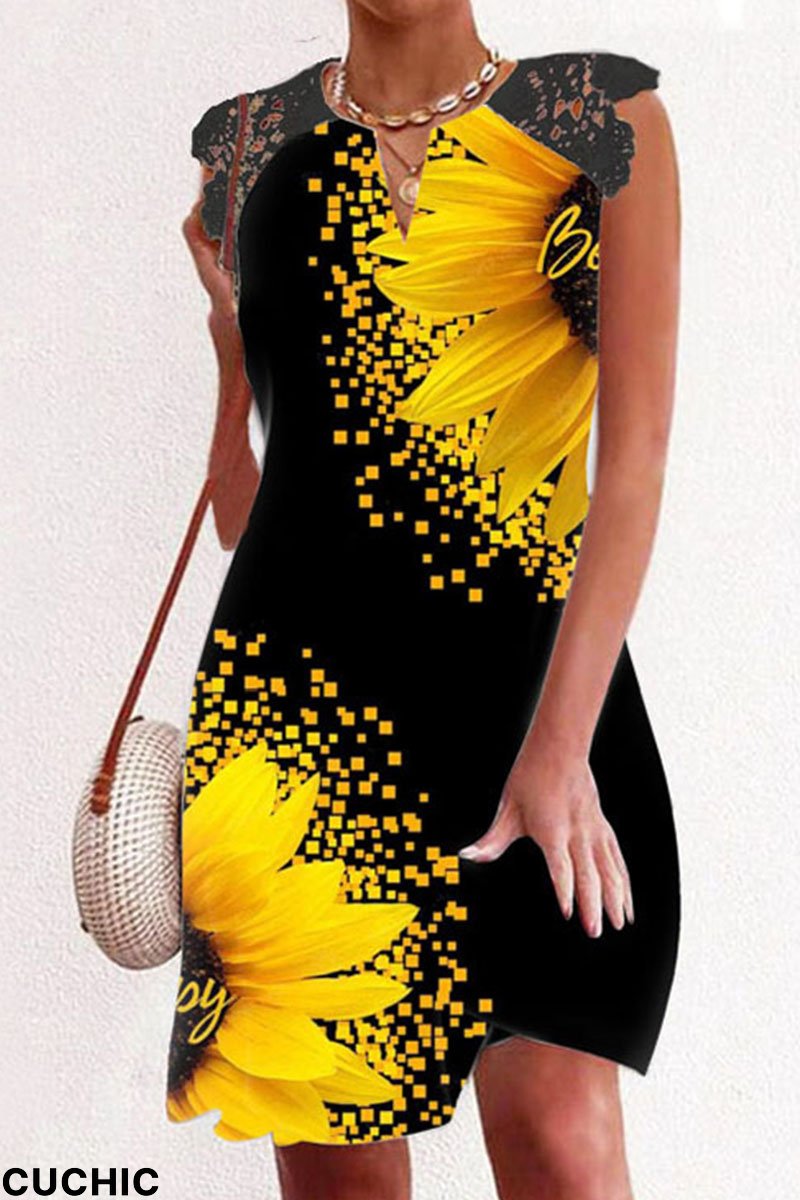 Black Yellow Casual Print Split Joint V Neck A Line Dresses-CuChic